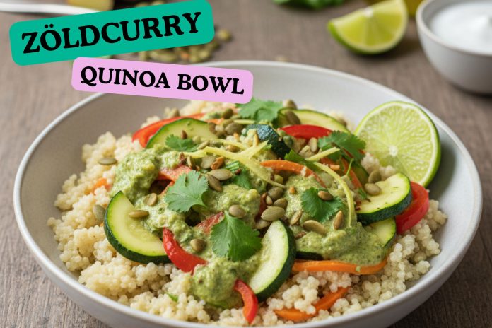 Zöld curry quinoa bowl friss cukkinivel, répával, korianderrel és kókusztejes szósszal tálalva, mentes és egészségtudatos étel