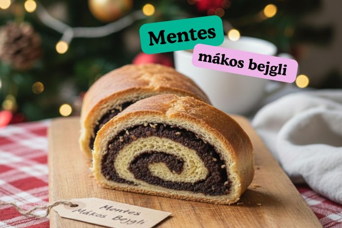 Glutén-, tej-, tojás- és élesztőmentes mákos bejgli szeletelve, rusztikus fa tálalón, ünnepi hangulatban.